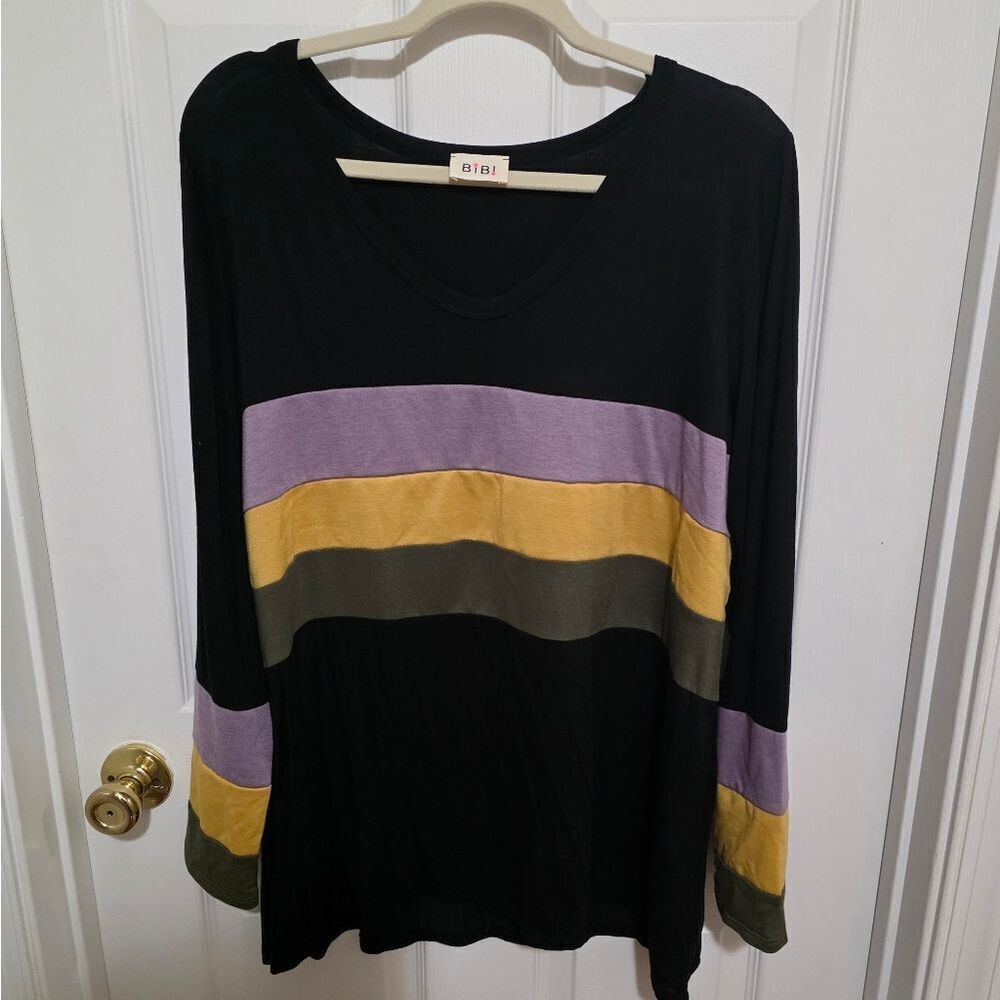 BiBi Black Long Sleeve Top with Purple, Yellow, and Green Stripes